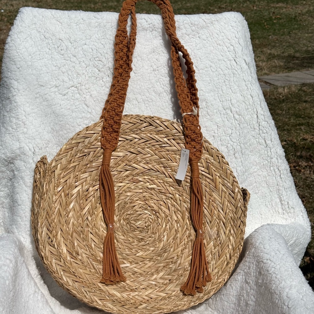 Woven Straw Circle Bag with Tan Handles